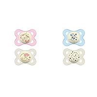 MAM Night Pacifiers Breastfed Baby Bundle: 2 & 2 Pack 0-6 Months Glow in Dark Silicone Pacifiers with Self Sterilizing Case
