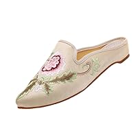 Floral Embroidered Women's Pointed Toe Flannel Cotton Mules Shoes Summer Ladies Casual Slip-On Flats