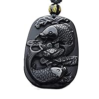 Natural crystal black obsidian Dragon fish necklace Amulet pendant bead with adjustable chain for men women