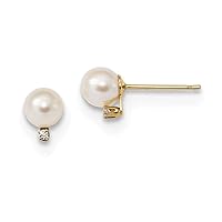 14k Gold for boys or girls 5 5.5mm White Round Freshwater Cultured Pearl CZ Cubic Zirconia Simulated Diamond Earrings Measures 6.53x