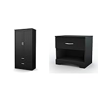 South Shore Acapella Wardrobe Armoire, Pure Black & Step One 1-Drawer Nightstand, Pure Black with Matte Nickel Handles