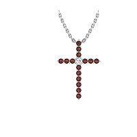 14k White Gold timeless cross pendant set with 15 round red ruby stones (1/4ct, AA Quality) encompassing 1 round white diamond, (.025ct, H-I Color, I1 Clarity), dangling on a 18