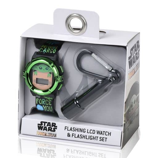 Accutime Lucasfilm Star Wars Baby Yoda Kids Digital Watch Set - LED Flashing Light, LCD Watch Display, with Keyshain Flashlight, Kids, Boys Watch, Plastic Strap in Balck (Model: MNL40014AZ)