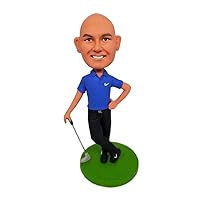 Custom Bobble-Heads Figurine Customized Doll, Male Golfer Custom Bobble Head, Bobble Head Figures Handmade Personalized Sculpture Gift for Man, Blue