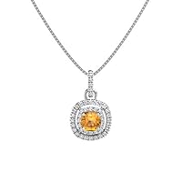 1.10 ctw Cushion Shape Created Citrine & Cubic Zirconia 925 Sterling Sliver Halo Pendant Necklace Gifts for Women's/Girls 14K Gold Plated