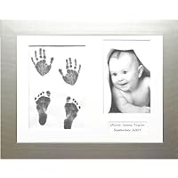 BabyRice Baby Hand & Footprint Kit with Silver Frame, White 3 mount, Black Inkless Wipe
