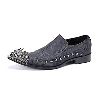 Men Black Loafers Slip on Metal Pointed Toe Flats Rivet Premium Genuine Leather Dressy