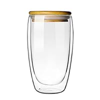 Double-walled Borosilicate Glass Mug for Infusing Coffee, Milk, Tea (15 Oz Bamboo lid)