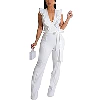 Womens Casual One Piece Jumpsuits V-Neck Sleeveless Ruffle Elegant Romper Wide Leg Pant Sexy Party Clubwear Overalls