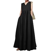 ZANZEA Women's Sleeveless Plain Pleated Summer Maxi Dress High Waist Tank Long Sundress with Pockets