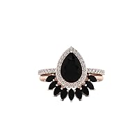 4 CT Black Onyx Engagement Ring Set Black Stone Halo Pear Cut Black Ring Vintage Engagement Ring Wedding Bridal Promise Ring