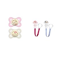 MAM Night Pacifiers (2 Pack, 1 Sterilizing Pacifier Case), MAM Pacifiers 0-6 Months & Pacifier Clips for Baby Girls with Fasteners and Flexible Rings, Designs May Vary, 2 Count