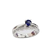 14k White Gold Stackable Vintage 1/3ct Blue Sapphire and Solitaire Simulated Diamond Engagement Ring Set
