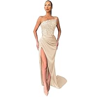Strapless Satin Mermaid Prom Dresses Long Ball Gowns Sexy Sequin Formal Evening Dress High Slit
