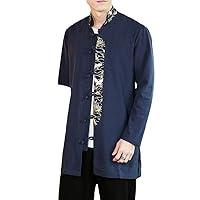 Men's Linen Printed Shirt Tang Suit Men's Mid-Length Stand-Up Collar Roll-Up Coat Casual Retro Plus Size Cardigan