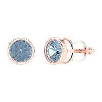 2ct Brilliant Round Cut Solitaire Studs Natural Aquamarine Solid 18k Rose Gold Earrings Screw back