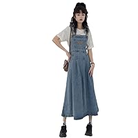 Women's Clothing Denim Blue Straps Dress Pocket Embroidery Vintage Casual High Waist Baggy Long Skirt Ladies