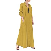 Women's Loose Fit Long Sleeve Button Up Maxi Shirt Dress with Pockets Abaya Dresses