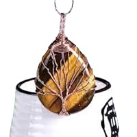 Natural Tiger Eye Gemstone with Tree Of Life Engraved Drop Shape Crystal Pendant for Healing Crystal Pendant Jewelry for Men Women Charm Necklace
