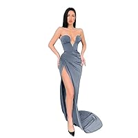 Sexy Deep V Neck Mermaid Prom Dresses 2024 Strapless Satin Pleated Bodycon Formal Evening Party Gowns with Split