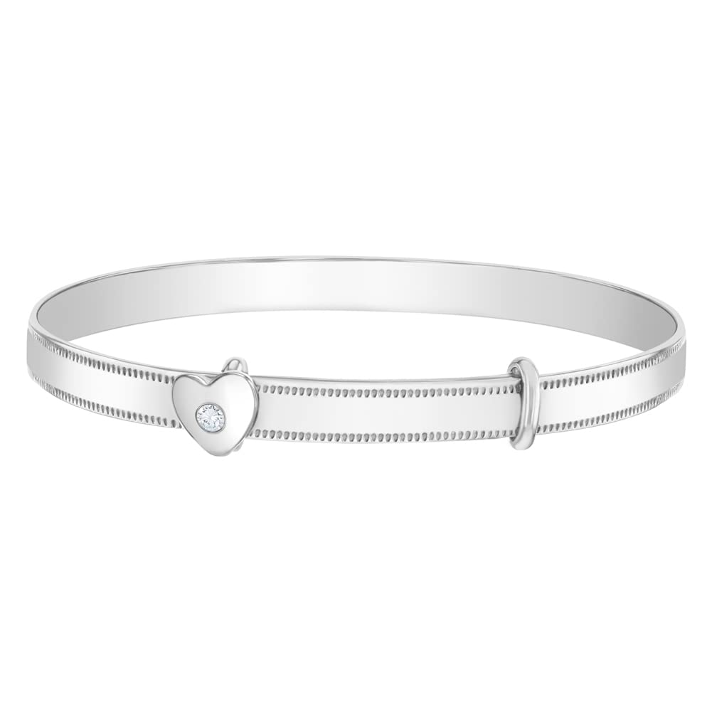 925 Sterling Silver Clear Cubic Zirconia Heart Adjustable Bangle Bracelet For Toddler Girls - Expandable Children's Bracelets - Heart Shaped Bracelets for Little Girls