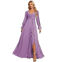 Women's Long Sleeve V-Neck Bridesmaid Dresses 2024 Chiffon Ruched A Line Formal Evening Gowns with Pockets PU075