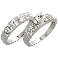 14k White Gold 2-Piece Wedding Ring Set, w/ 0.34 Carat Brilliant Cut (Center) & 1.10 Carats Invisible Set (Sides) Diamonds, 5/16