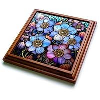 3dRose Pretty Blue and Purple Image of Stained Glass Anemone Flowers - Trivets (trv-384254-1)