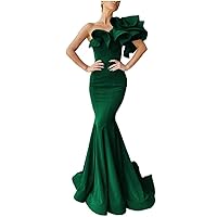 One Shoulder Prom Dress Mermaid Satin Evening Gowns Long Satin Party Dress with Ruffles