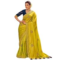 Silk Saree Indian Embroidery Border Party Wedding Wear Rich Border Bollywood Designer Collection Gold One Size