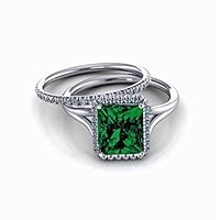 2.00 carat Emerald Cut Emerald and Diamond Halo Bridal Set in 10k White Gold