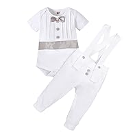 IMEKIS Baby Boys Baptism Christening Outfit Bowtie Romper Suspenders Pants Wedding Party Tuxedo Suit Ring Bearer Clothes Set