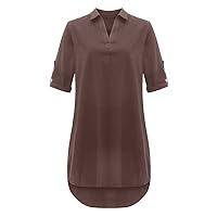 NP Women Loose Beach Holiday Dress Casual Half Sleeve Turn Down Collar Shirt Dress Brown