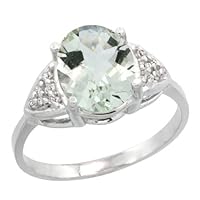 Sterling Silver Diamond Halo Green Amethyst Ring Oval Shape 10X8 mm 2.40 Carats, 3/8 inch (10mm) wide, sizes 5-10