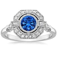 DESTINY JEWEL Vintage Art Deco 2.35Ct Blue Round Cut Diamond Engagement Wedding Ring. Solid 925 Silver 14K White Gold Finished