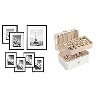 SONGMICS Gallery Wall Frame Set, Multi Picture Frames Set of 7, Jewelry Box, Travel Jewelry Case, 2-Layer Jewelry Holder Organizer URPF37BK & UJBC166W01