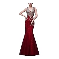 Women V-Neck Sleeveless Mermaid Lace Cocktail Maxi Dress Formal Dress (Color : Wine Red, Size : 3X-Large)