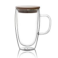 15 Oz Double Walled Coffee Cups Glass Coffee Mugs Clear Coffee Mug with Lid Insulated Coffee Mug Perfect for Cappuccino,Tea,milk ,Espresso,juice, Hot Beverage with Handle (15oz, with bamboo lid)