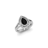 Love Band 1.00 CT Double Halo Engagement Ring in 14K White Gold, Pear Shaped Black Onyx Ring for Women, Sterling Silver Statement Ring, Promise Ring for Her