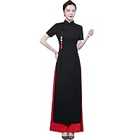 Plus Size Ao Modern Clothing Black and Red Vietnamese Traditional Dress + Chinese Women 2 Piece Cheongsam