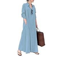 Women's Basic Loose Fit Long Sleeve Button Up Maxi Shirt Dress with Pockets