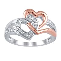 925 Sterling Silver Diamond Heart into Heart Engagement Promise Ring (I3 clarity, JK color)