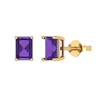 1.0 ct Emerald Cut Solitaire Natural Amethyst Pair of Stud Everyday Earrings Solid 18K Yellow Gold Butterfly Push Back