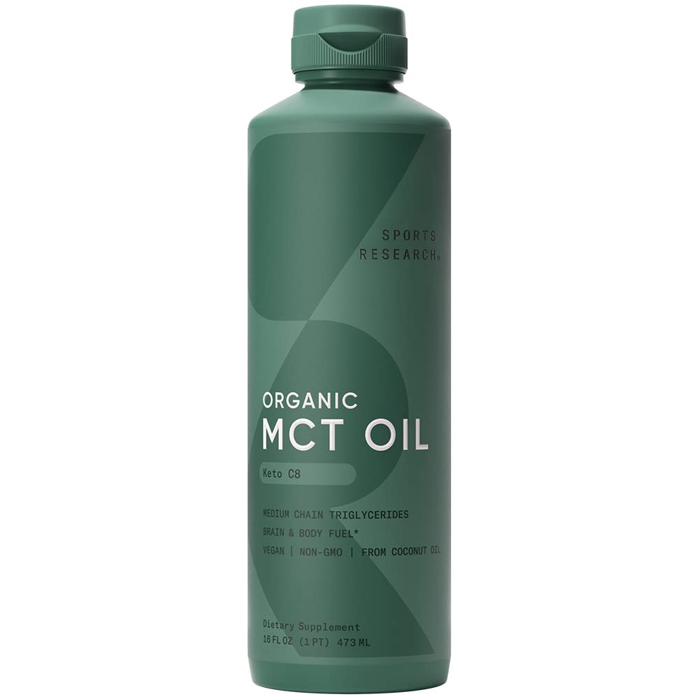 Sports Research Organic MCT Oil - Vegan & Keto C8, MCTs from Coconuts - Fatty Acid Brain & Body Fuel, Non-GMO & Gluten Free - Flavorless Oil, Perfect in Coffee, Tea & Protein Shakes - 16 oz