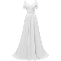 Women's V-Neck Chiffon Bridesmaid Dress Short Sleeves Flowy Evening Gown