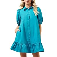SCOFEEL Women‘s Summer Tunic Shirt Mini Dress Puff Sleeve Cotton Linen Short Dress Button Down Ruffle Hem Shift Dresses