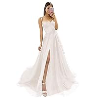 Plus Size A-line Prom Dresses Long Lace-up Back Glitter Tulle Formal Dresses Spaghetti Straps Evening Gowns US 18W Ivory