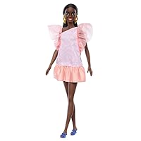 Fashionistas Doll #216 with Tall Body, Black Hair in Low Ponytail & Pink & Peach Party Dress, 65th Anniversary Collectible Fashion Doll