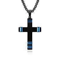 Men's Stainless Steel Black Blue Cross Necklace Titanium Steel Crucifix Religious Cross Pendant with 24 Inch Chain Birthday Present for Husband Father Boyfriend Son