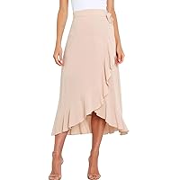 IDOPIP Women Irregular High-Low Hem Wrap Skirt Elegant High Waist Tie Side Midi Skirt Casual Summer Beach Ruffle A-line Skirt